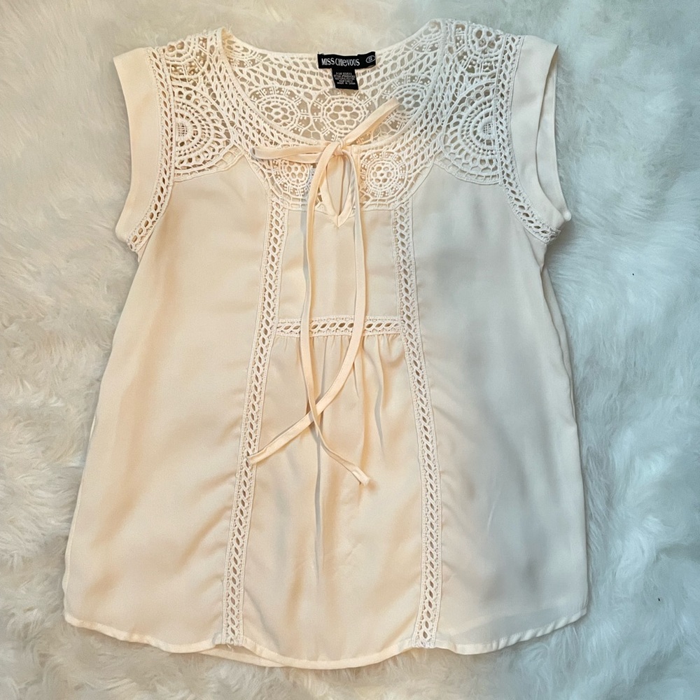 Miss Chievous Cream Lace Cap Sleeve Tie Neck Top